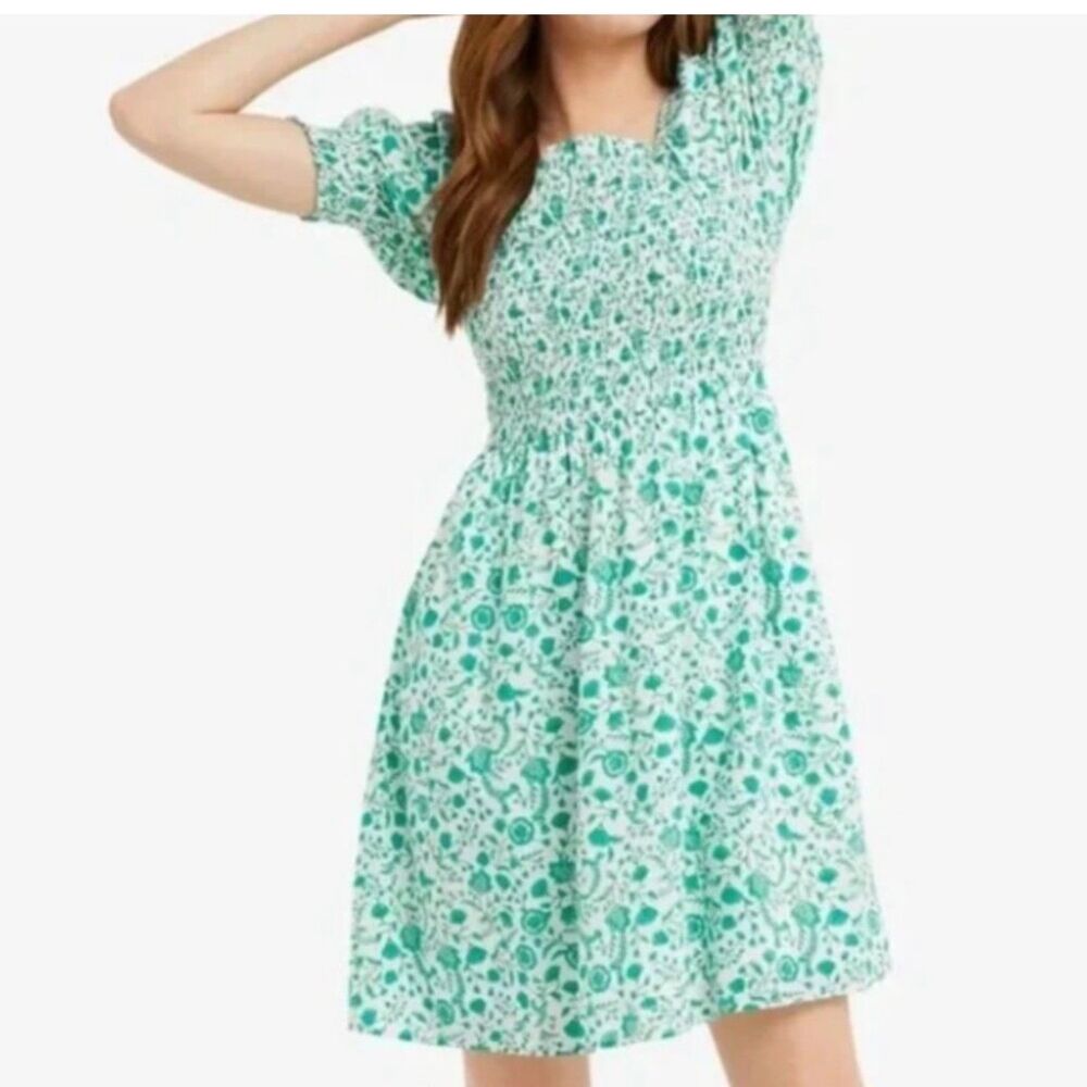 Draper James Green Floral Smocked Dress Puff Sleeve Square Neck Large